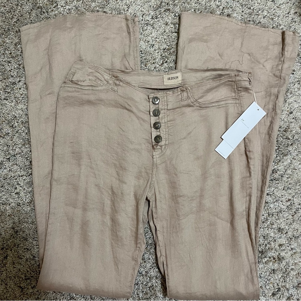 Hudson EV Cut Waistband Flare Linen Blend Tan Pants Size 29 Waist NWT